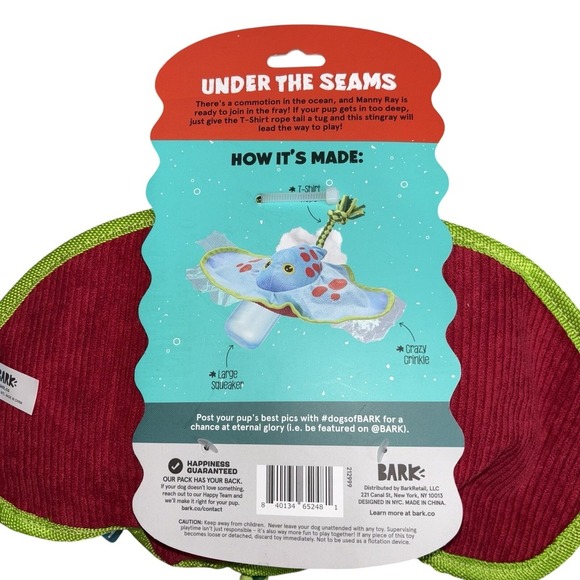 Bark Box Stingray Dog Toy Under The Seams Crosby The Ray Rare Crinkle Squeaky - Picture 4 of 6